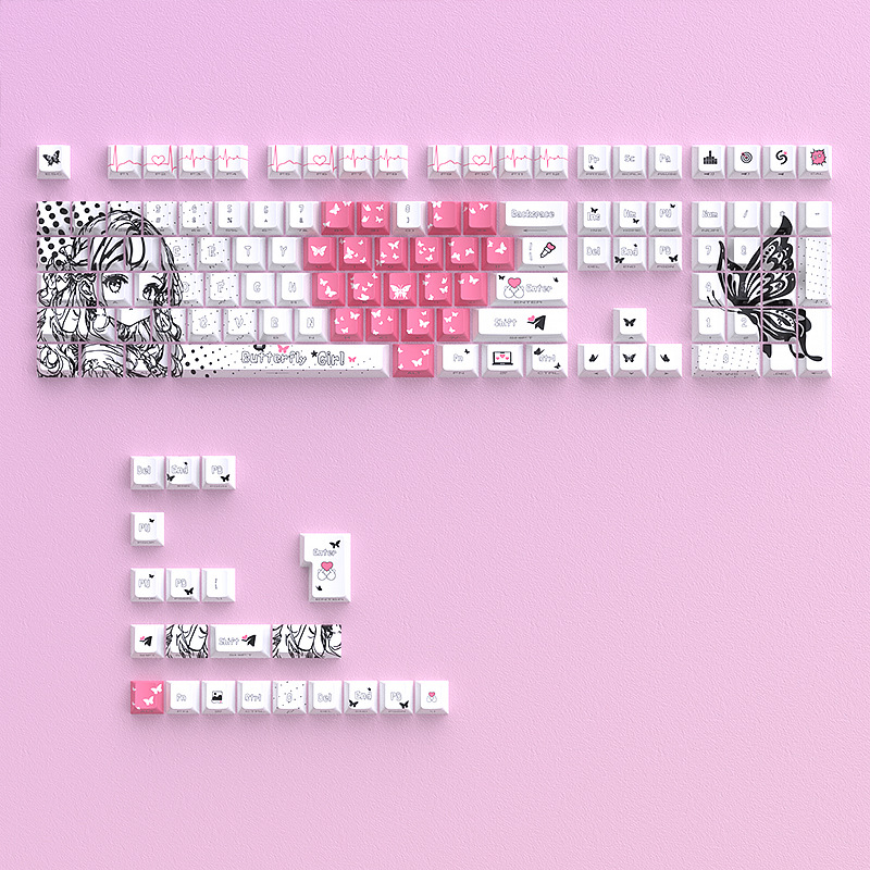 Keycap Butterfly girl hồng trắng xuyên led side print cherry profile - pbt - chủ đề wibu cao cấp